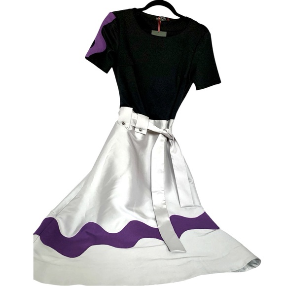 LATTORI Dresses & Skirts - Chic Black and Silver Metallic Midi Dress purple accent and belt size XS NEW